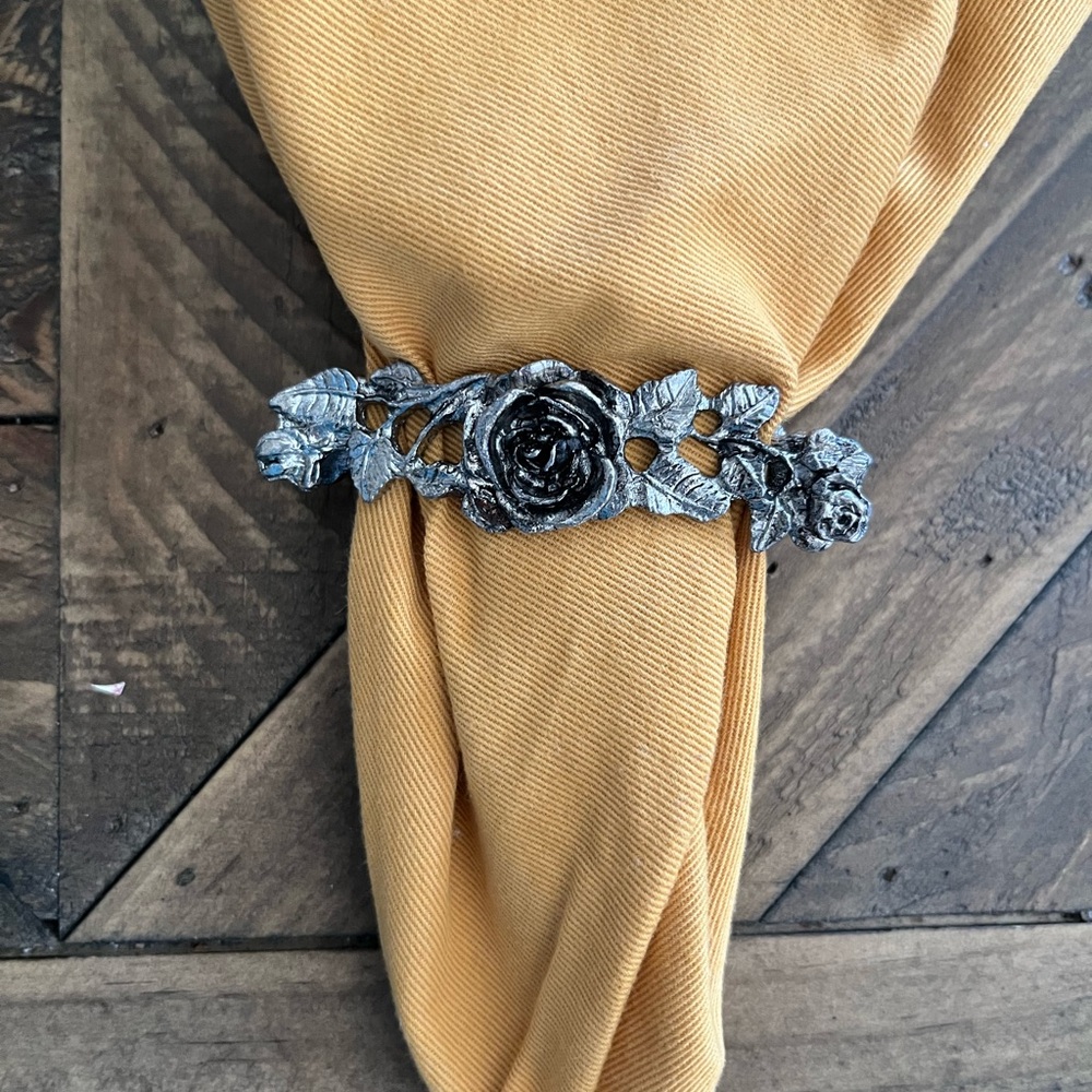 Vintage Pewter Rose Napkin Rings Set of 4 Metke 1987 Grand millennial